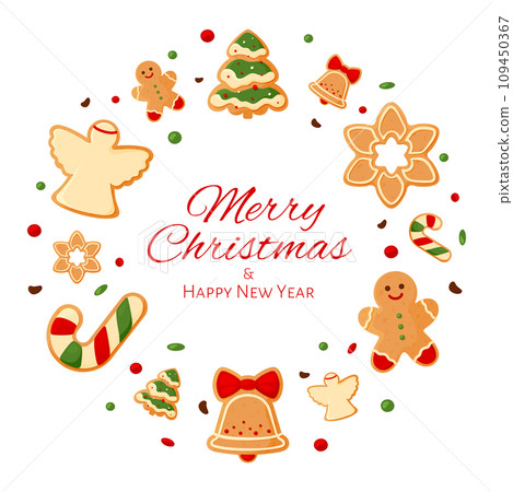 Christmas round frame gingerbread greeting card flat. Candy cane ball man bell xmas tree angel snowflake confetti icing dessert ginger cookie festive sweet decor background festive flyer Christmas round frame gingerbread greeting card flat. Candy cane ball man bell xmas tree angel snowflake confetti icing dessert ginger cookie festive sweet decor background festive flyer 109450367