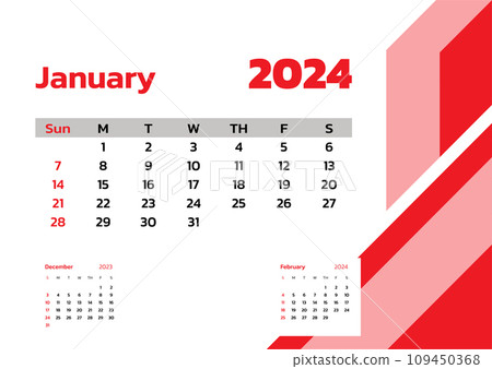 January 2024 Calendar. Week start on Sunday. Desk calendar 2024 design, simple and clean design, Wall calendar for print, digital calendar, Corporate design planner template vector. January 2024 Calendar. Week start on Sunday. Desk calendar 2024 design, simple and clean design, Wall calendar for print, digital calendar, Corporate design planner template vector. 109450368