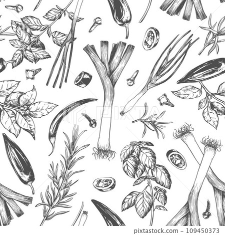 Seamless pattern with spices, engraving style. Basil, onion, leek, laurel, rosemary, thyme, chili, paprika. Design for wallpapers, textiles, paper, cafes and restaurants. Seamless pattern with spices, engraving style. Basil, onion, leek, laurel, rosemary, thyme, chili, paprika. Design for wallpapers, textiles, paper, cafes and restaurants. 109450373