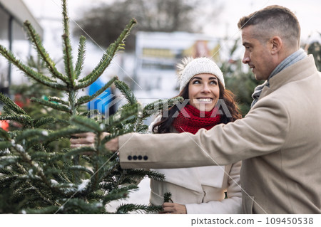 A happy couple buys a Christmas tree at the market, imported from the Nordic countries. A couple choosing a tree at a Christmas tree farm A happy couple buys a Christmas tree at the market, imported from the Nordic countries. A couple choosing a tree at a Christmas tree farm 109450538