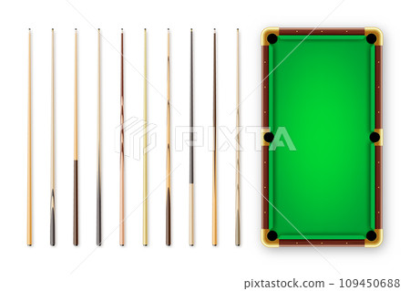 Various wooden billiard cues and green pool table. Snooker sports equipment. Vintage cue. Recreation and hobby, competitive game. Vector illustration 109450688