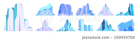 Floating icebergs collection. Drifting arctic glacier, block of frozen ocean water. Icy mountains with snow. Melting ice peak. Antarctic snowy landscape. South and North Pole. Vector illustration. Floating icebergs collection. Drifting arctic glacier, block of frozen ocean water. Icy mountains with snow. Melting ice peak. Antarctic snowy landscape. South and North Pole. Vector illustration. 109450708