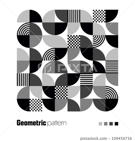 Geometric trendy pattern, Bauhaus style. Modern background with simple elements. Retro texture with basic geometric shapes. Print design, minimalist poster cover. Vector illustration Geometric trendy pattern, Bauhaus style. Modern background with simple elements. Retro texture with basic geometric shapes. Print design, minimalist poster cover. Vector illustration 109450716