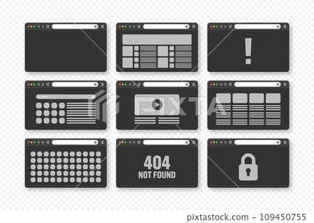 Web browser window, pages layout with toolbar and search field. Modern website, internet page in flat style. Browser mockup for computer, tablet and smartphone. Adaptive UI. Vector illustration Web browser window, pages layout with toolbar and search field. Modern website, internet page in flat style. Browser mockup for computer, tablet and smartphone. Adaptive UI. Vector illustration 109450755