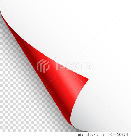 Red paper curl. Curled page corner with shadow. Blank sheet of paper. Colorful shiny foil. Design element for advertising and promotion. Vector illustration. Red paper curl. Curled page corner with shadow. Blank sheet of paper. Colorful shiny foil. Design element for advertising and promotion. Vector illustration. 109450774