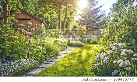 UK garden with naturalistic design yard hard landscaping,  summer retreat house 109450777
