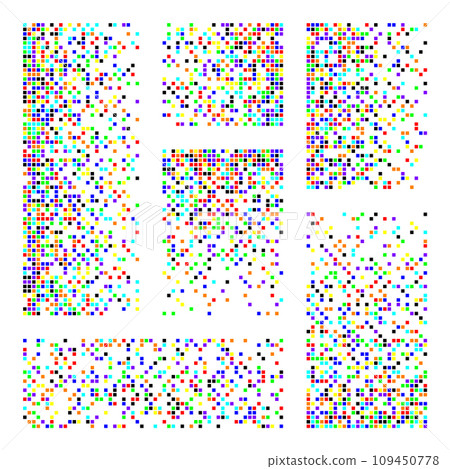Pixel disintegration, decay effect. Various rectangular elements made of square shapes. Dispersed dotted pattern. Mosaic texture with simple particles. Colored noise. Vector illustration 109450778