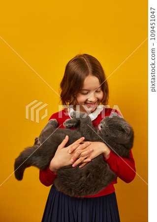 Portrait of the beautiful teen girl hugging her grey fat cat 109451047