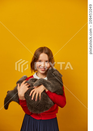 Portrait of the beautiful teen girl hugging her grey fat cat 109451049