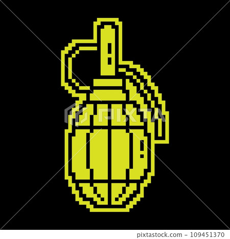 Pixel silhouette icon. Combat hand fragmentation ribbed grenade with cube. Explosive objects, soldier weapon. Simple black and yellow vector isolated 109451370