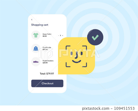 Biometric facial recognition in mobile commerce. Face ID system for fast and secure checkout, contactless transactions. E-commerce payment with biometric authentication. Isolated vector illustration 109451553