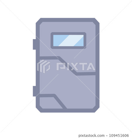 Bunker door. Protection bomb shelter, base entrance illustration. Secret military closed station. Protect gateway, steel building isolated on white background 109451606