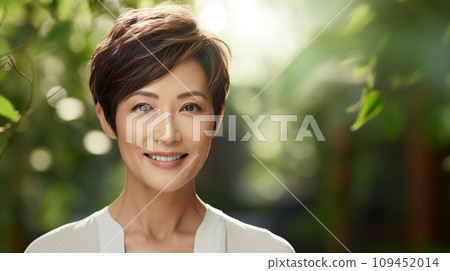 Beautiful middle-aged woman smiling in greenery AI-generated image 109452014
