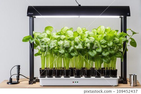 Aeroponics and hydroponics are eco-friendly. Installation for growing plants in house and anywhere. Greening technologies for home and space. Sprouts in pots under a lamp. Generated Playground Ai Aeroponics and hydroponics are eco-friendly. Installation for growing plants in house and anywhere. Greening technologies for home and space. Sprouts in pots under a lamp. Generated Playground Ai 109452437