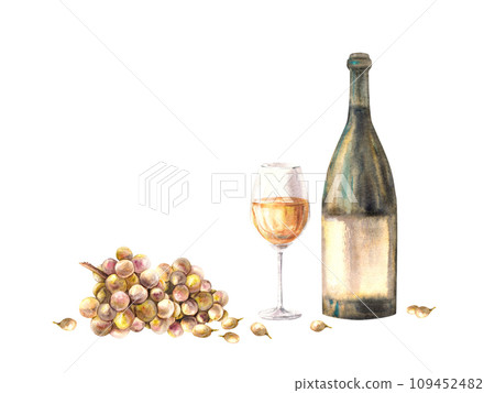 A bottle and glass of white wine with bunch of grapes and grape berries. Watercolour hand draw food illustration on white background. Wine making set for design of flyers, drink menu, wine list, label 109452482