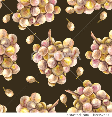 Watercolor seamless pattern. Bunch of green yellow grapes, leaves and grape berry. Grapevine hand painted. Wrapping paper, labels, fabric print. Botanical illustration isolated on dark background.  109452484