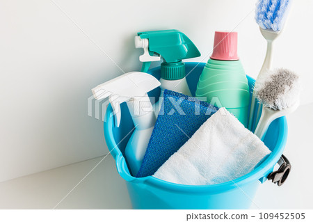 Cleaning tools in a bucket white background material 109452505