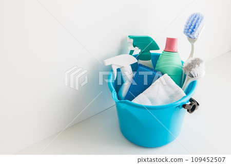 Cleaning tools in a bucket white background material 109452507