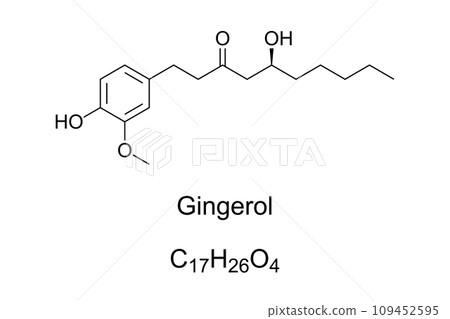 Gingerol, chemical formula and structure. Phenolic phytochemical compound found in fresh ginger, activating heat receptors on the tongue. Normally found as a pungent yellow oil in the ginger rhizome. Gingerol, chemical formula and structure. Phenolic phytochemical compound found in fresh ginger, activating heat receptors on the tongue. Normally found as a pungent yellow oil in the ginger rhizome. 109452595