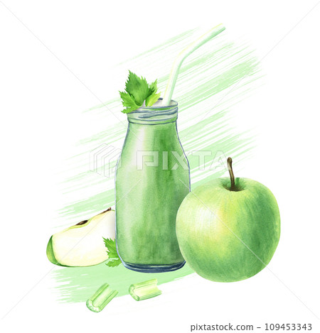 Green smoothie of celery and apple with brushstrokes. Hand drawn watercolor food illustration isolated on white background. For clip art cards menu label package 109453343