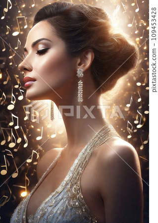 Music party invitation with silhouette elegance girl profile with music gold note hair. Night club concert flyer. 109453428