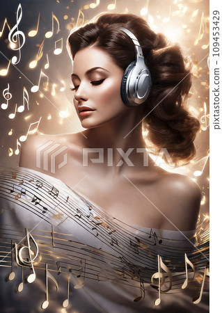 Music party invitation with silhouette elegance girl profile with music gold note hair. Night club concert flyer. 109453429