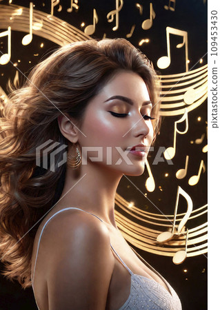 Music party invitation with silhouette elegance girl profile with music gold note hair. Night club concert flyer. 109453430