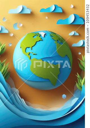 World water day. Saving water and the ecological concept of the survival of the planet. Planet earth in paper cut style. 109453432