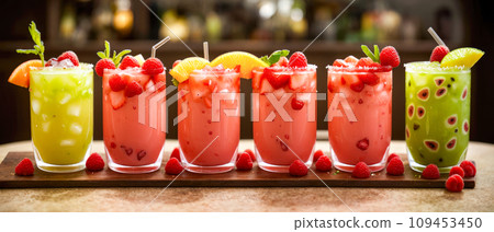 AI-generated content. Colorful selection of milky fruit flavored bubble tea arranged in line on wooden table and bokeh background. panoramic banner format 109453450