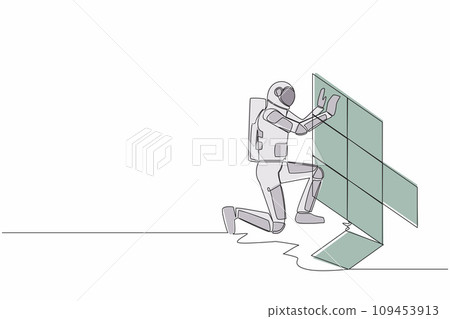 Single one line drawing astronaut laying ceramic wall tile at home in moon surface. Spaceman ability to repair operating system. Cosmic galaxy space. Continuous line graphic design vector illustration 109453913