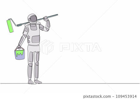 Continuous one line drawing astronaut painter standing with bucket of paint and paint roller. Future space technology development. Cosmonaut outer space. Single line graphic design vector illustration 109453914