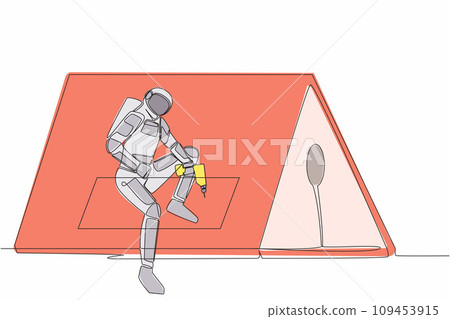 Single one line drawing of astronaut roofer installing wooden or bitumen shingle at home in moon surface. Ability to repair operating system. Cosmic galaxy space. Continuous line graphic design vector 109453915