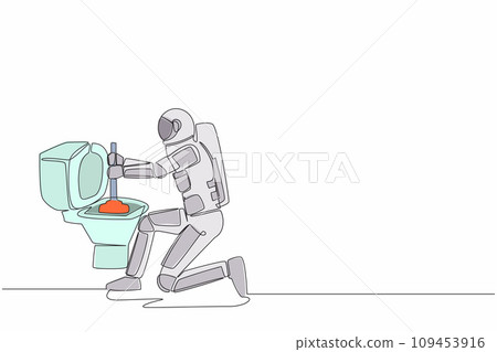Single continuous line drawing young astronaut fix plumbing toilet leakage or clogging in moon surface. Plumber repair household tool. Cosmonaut deep space. One line graphic design vector illustration 109453916
