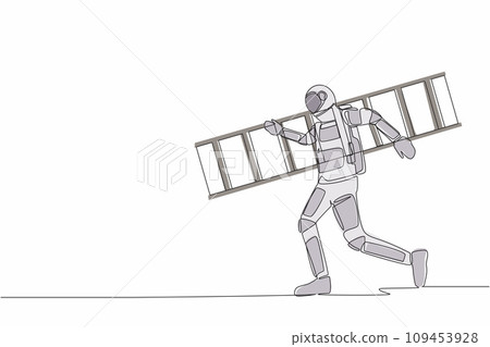 Single one line drawing astronaut repairman walking with ladder. Renovation home. Preparation house reparation in moon surface. Cosmic galaxy space. Continuous line graphic design vector illustration Single one line drawing astronaut repairman walking with ladder. Renovation home. Preparation house reparation in moon surface. Cosmic galaxy space. Continuous line graphic design vector illustration 109453928