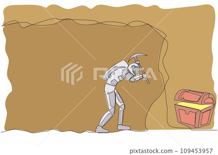 Continuous one line drawing young astronaut digging with pickaxe in moon cave. Looking for treasure chest in underground tunnel. Cosmonaut outer space. Single line graphic design vector illustration 109453957
