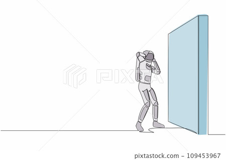 Continuous one line drawing of astronaut standing and confused in front of brick wall barriers. Stressed due to space expedition. Cosmonaut outer space. Single line graphic design vector illustration 109453967