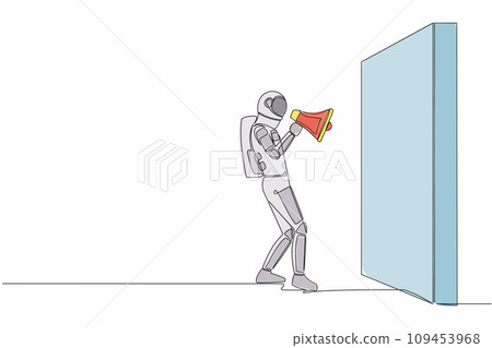 Single one line drawing of young astronaut holding megaphone, standing and shouts in front of wall in moon surface. Cosmic galaxy space concept. Continuous line draw graphic design vector illustration 109453968