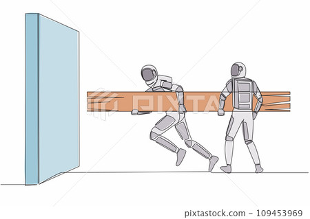 Single continuous line drawing two astronaut holding large log together to destroying wall. Teamwork in space technology development. Cosmonaut deep space. One line graphic design vector illustration 109453969