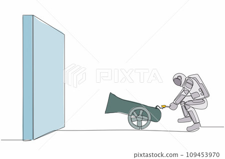 Single continuous line drawing astronaut ignites cannon in front of wall and want to destroy. Future spaceship technology development. Cosmonaut deep space. One line graphic design vector illustration Single continuous line drawing astronaut ignites cannon in front of wall and want to destroy. Future spaceship technology development. Cosmonaut deep space. One line graphic design vector illustration 109453970