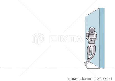 Continuous one line drawing young astronaut standing and leaning against wall in moon surface. Thinking about space exploration. Cosmonaut outer space. Single line graphic design vector illustration Continuous one line drawing young astronaut standing and leaning against wall in moon surface. Thinking about space exploration. Cosmonaut outer space. Single line graphic design vector illustration 109453971