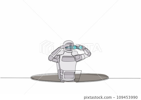 Continuous one line drawing astronaut climb out of the hole by ladder and using binocular. Spaceship business vision and solution. Cosmonaut outer space. Single line graphic design vector illustration 109453990