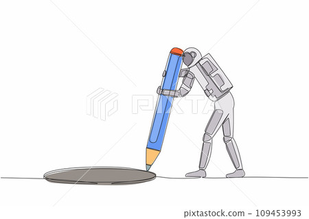 Single continuous line drawing astronaut making circle of holes with large pencil. Spaceship business cheating with making hole trap. Cosmonaut deep space. One line graphic design vector illustration 109453993