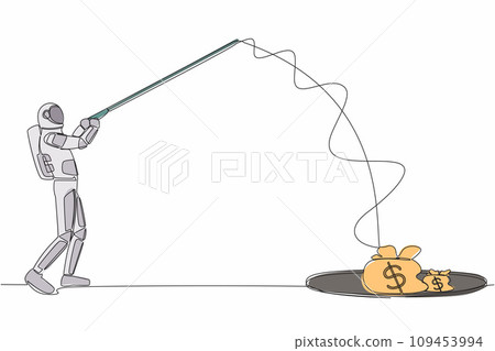 Single one line drawing astronaut holding fishing rod got big money bag from hole. Spaceman catching money bag with fishing rod. Cosmic galaxy space. Continuous line graphic design vector illustration 109453994