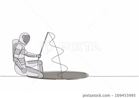 Single one line drawing young astronaut holding fishing rod from hole. Space business investment. Make money from idea. Cosmic galaxy space concept. Continuous line graphic design vector illustration 109453995