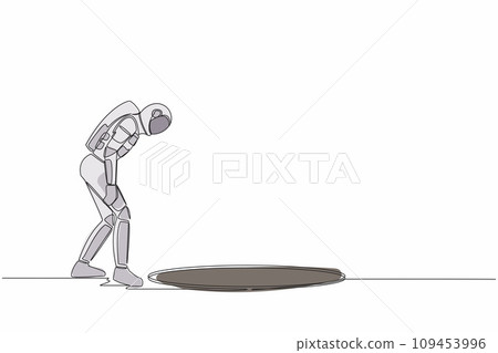 Single continuous line drawing of young astronaut wondering and looking at big black hole. Spaceship interstellar exploration. Cosmonaut deep space concept. One line graphic design vector illustration Single continuous line drawing of young astronaut wondering and looking at big black hole. Spaceship interstellar exploration. Cosmonaut deep space concept. One line graphic design vector illustration 109453996