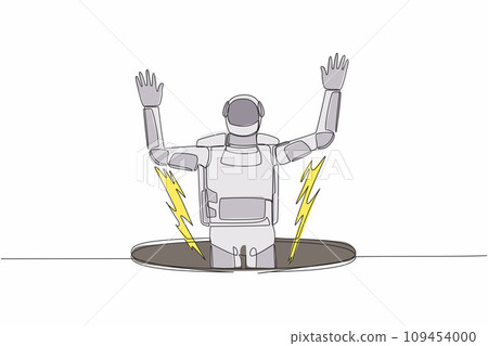 Single one line drawing young astronaut fell into manhole underground sewer. Spaceman fell sewer hatch. Space business failure. Cosmic galaxy space. Continuous line graphic design vector illustration Single one line drawing young astronaut fell into manhole underground sewer. Spaceman fell sewer hatch. Space business failure. Cosmic galaxy space. Continuous line graphic design vector illustration 109454000