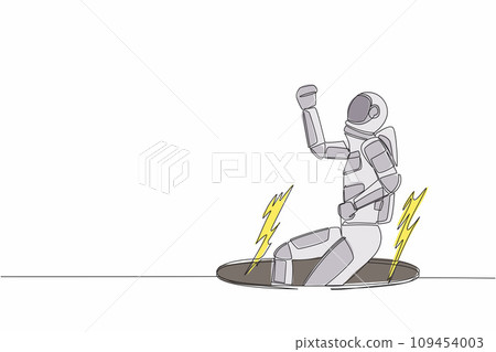 Single continuous line drawing young astronaut fell into manhole underground sewer. Spaceman fell into sewage. Space business failure. Cosmonaut deep space. One line graphic design vector illustration 109454003