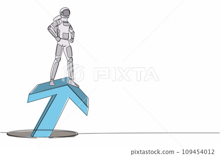 Continuous one line drawing astronaut standing on big arrow coming out of holes. Spaceman lead financial graph rising from hole. Cosmonaut outer space. Single line graphic design vector illustration 109454012