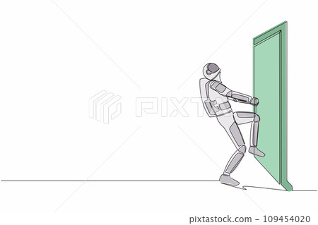 Single one line drawing astronaut pulling closed door knob with power, metaphor to facing problem. Space exploration struggle. Cosmic galaxy space. Continuous line graphic design vector illustration 109454020