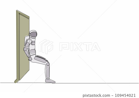 Continuous one line drawing of young astronaut pushing door with his back. Spaceman overcoming obstacles in spaceship expedition. Cosmonaut outer space. Single line graphic design vector illustration 109454021